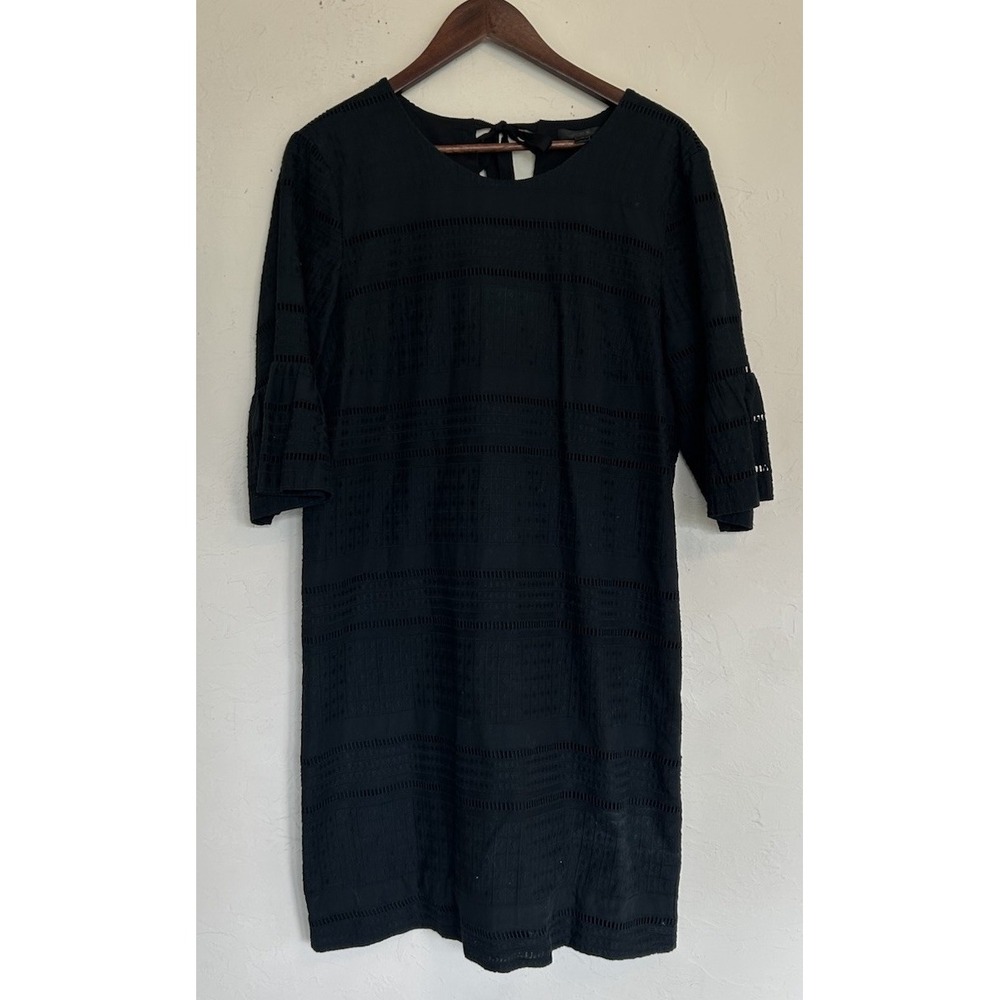 J.Crew Shift Dress 10 Black Eyelet Lace Bell Sleeve Tie Classic L Minimal Casual